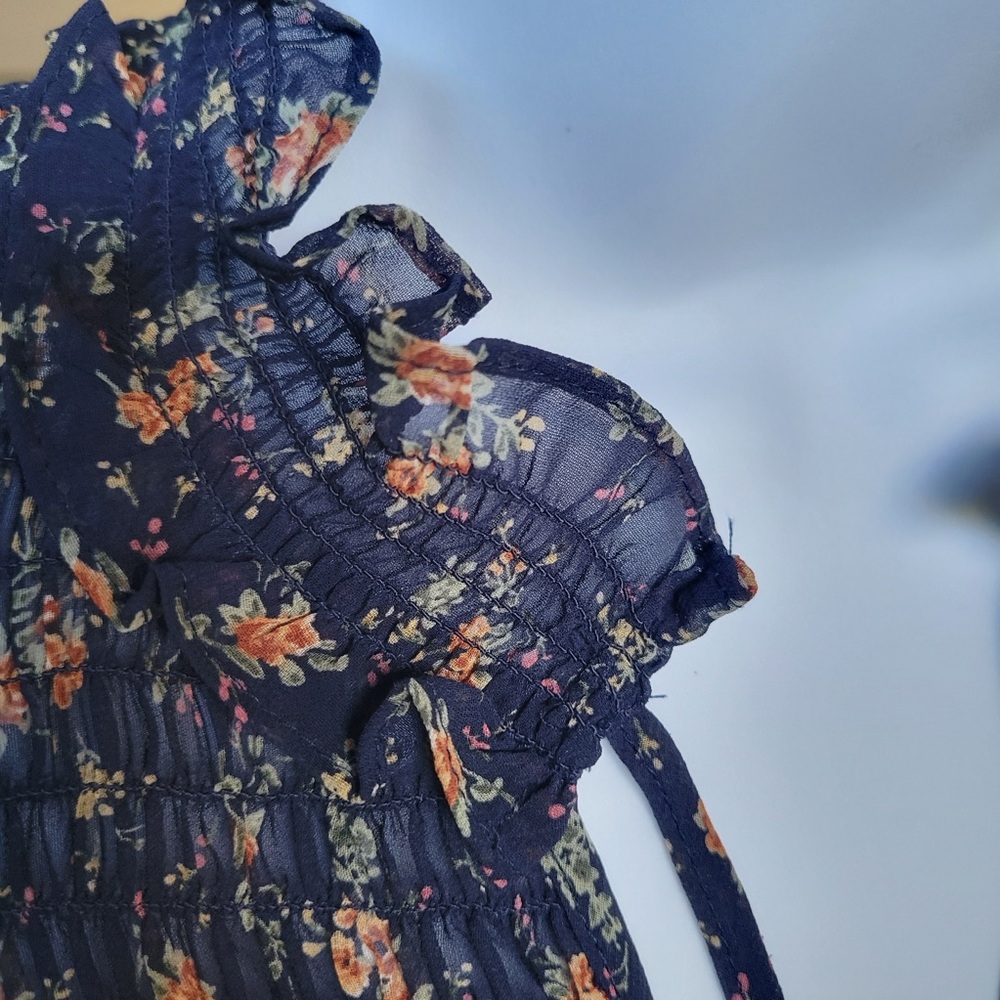Pleione Blouse Women’s Navy Floral Long Sleeve Top Ruffle Smocked Cottage | Sz L - Picture 11 of 13